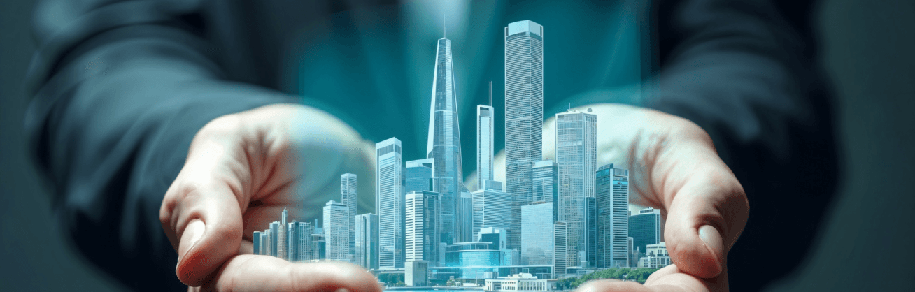 Hands holding holographic city buildings