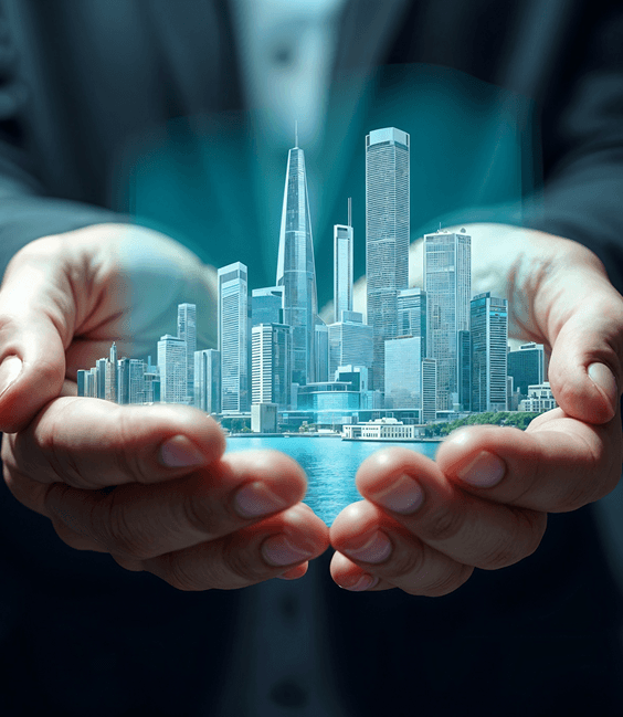Hands holding holographic city buildings