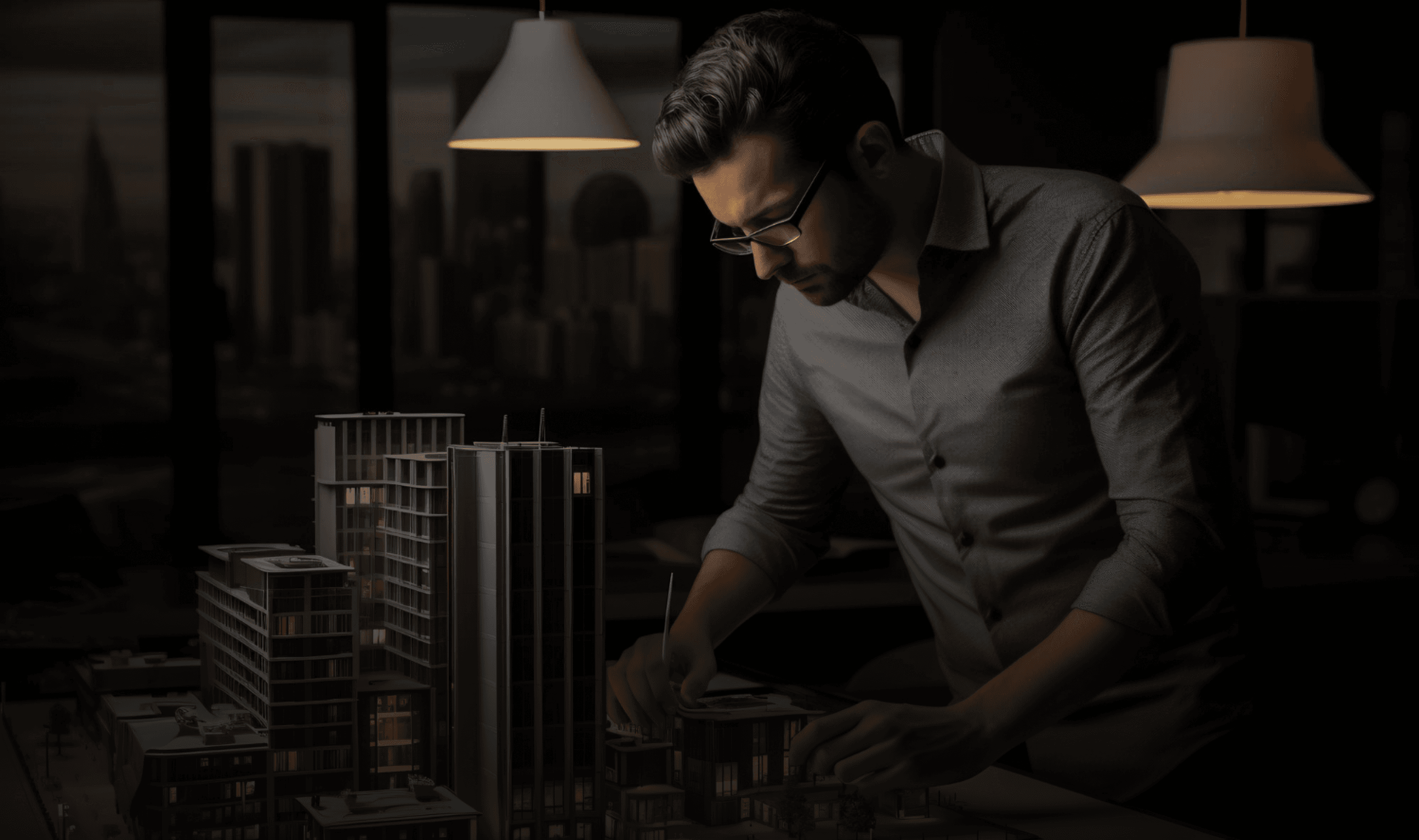 Hands holding holographic city buildings