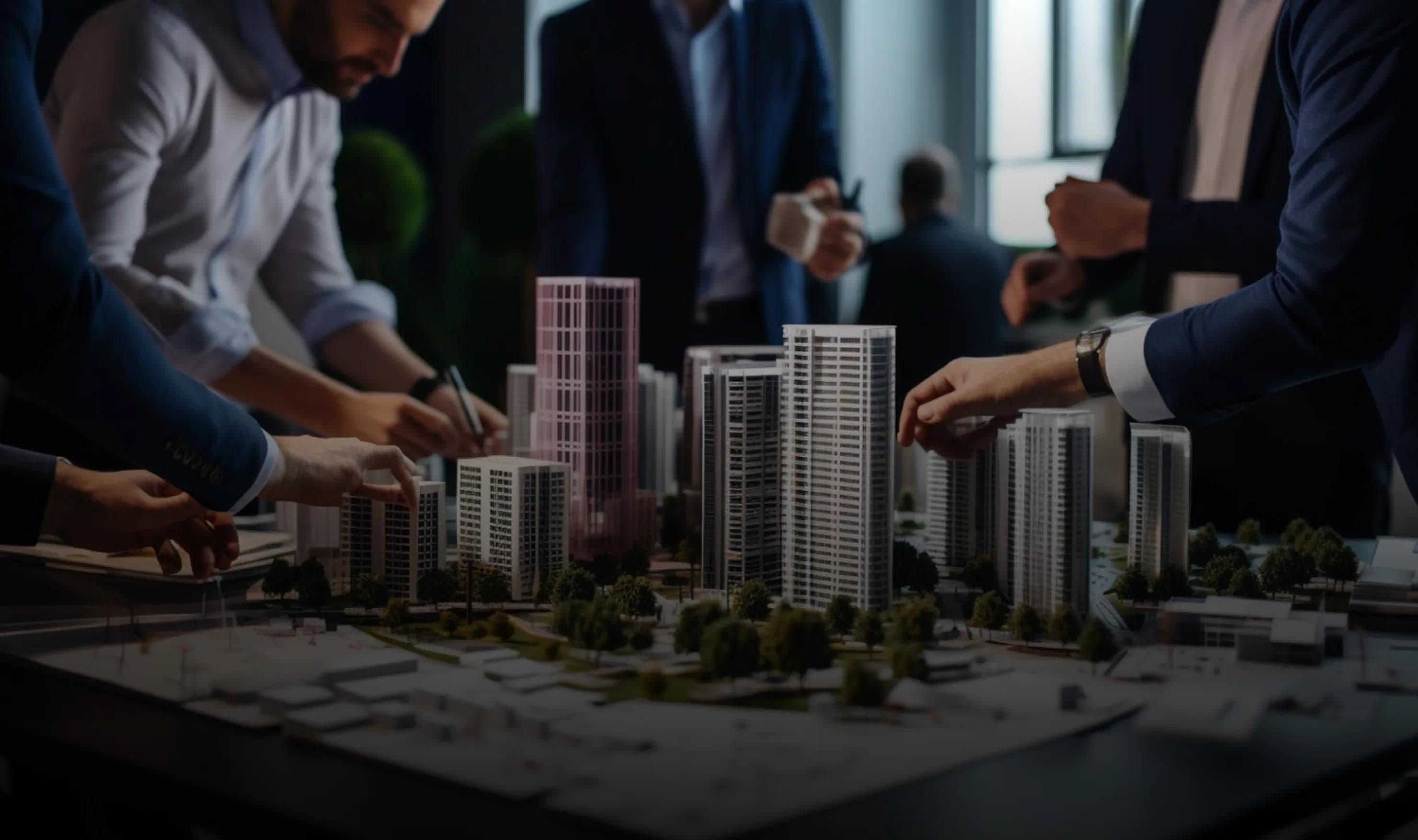 Hands holding holographic city buildings