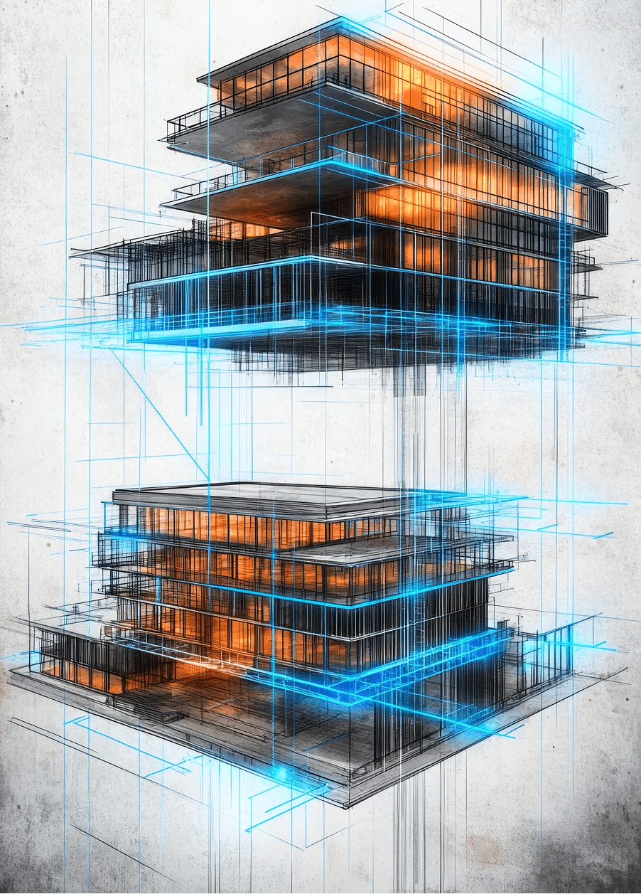 Architectural wireframe building design with blue accents