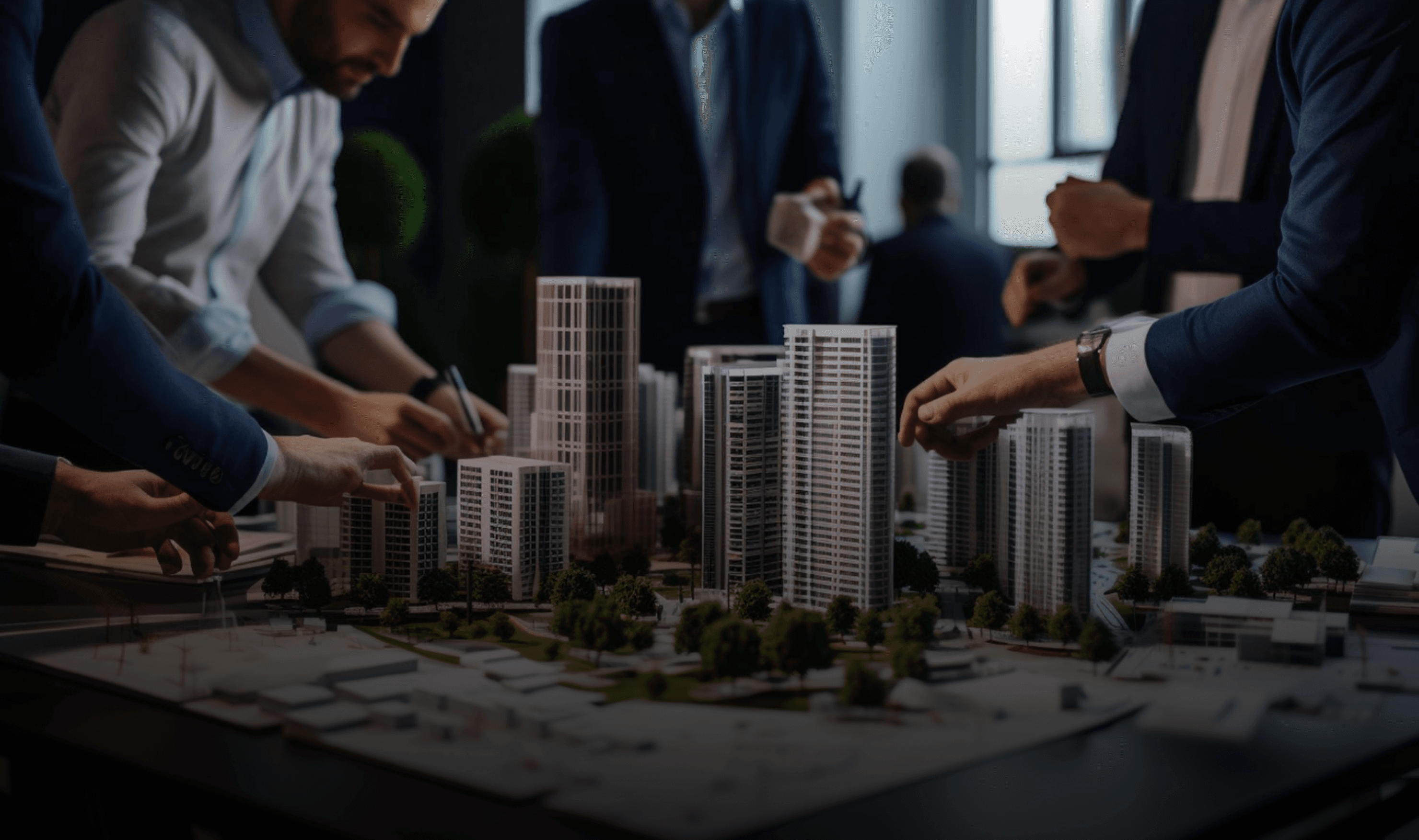 Hands holding holographic city buildings