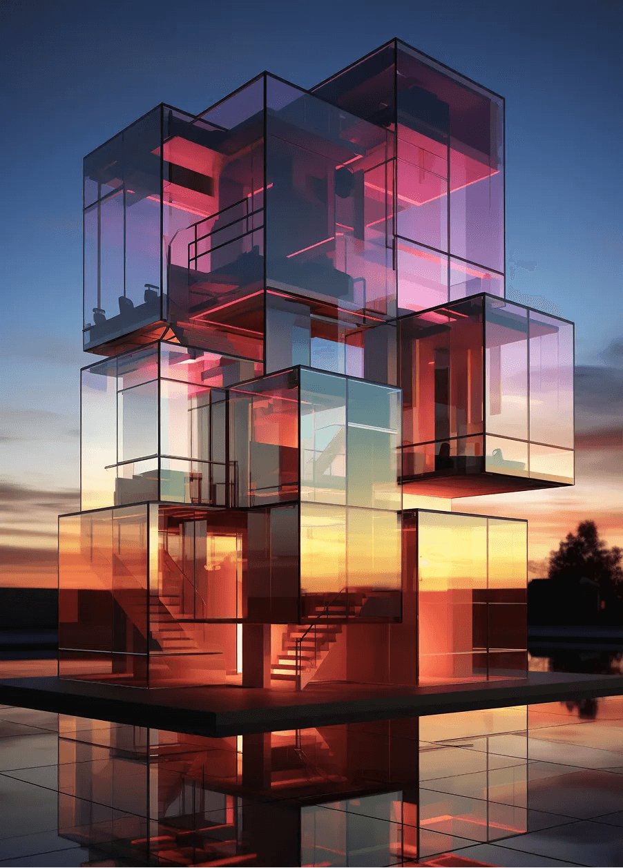 Modern glass building with colorful lighting effects